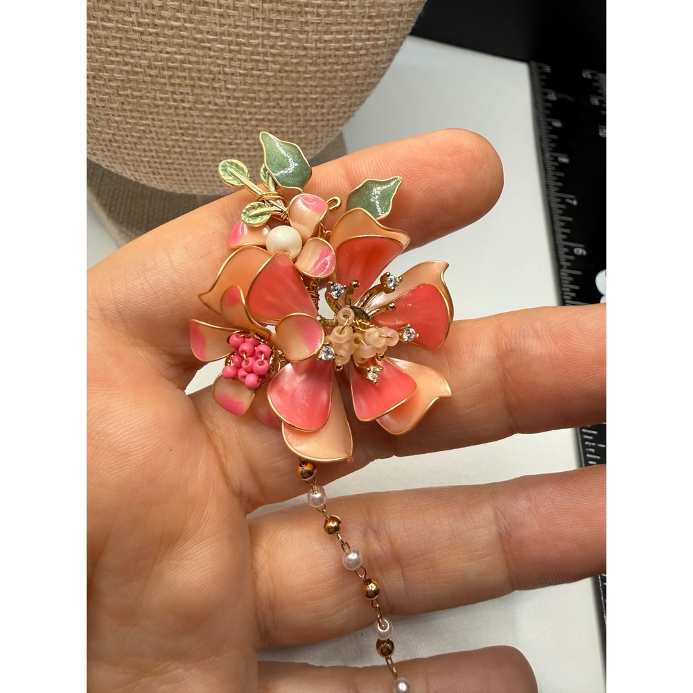 Pink Enamel Flower Hair Pin Brooch Gold Tone Pearl Dangle Floral‎ Jewelry 5.5"